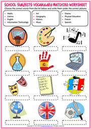 School Subjects ESL Vocabulary Worksheets